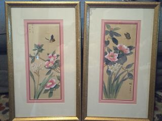 Vintage Antique Japanese Painting On Silk Flowers Butterfly Signed Set Of Two 2
