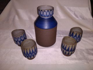 Rare Mid - Century Modern Danish Pottery Thomas Toft Decanter & 4 Cups Blue/beige