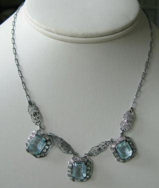 Antique Art Nouveau Deco Sterling Silver Filigree Bezel Set Blue Glass Necklace