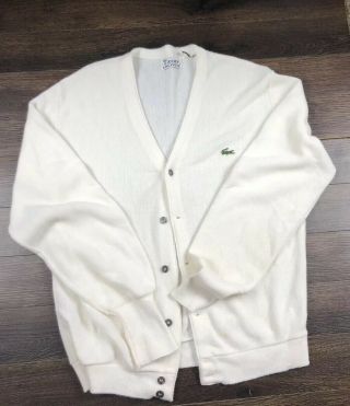 Vintage Izod Lacoste Acrylic Cardigan Sweater Off White Cream Mens Size Xl
