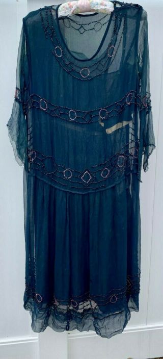 Vtg Art Deco Flapper 1920s Beaded Gown Antique Dress Trashed Cutter Blue Small