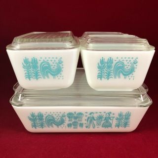Vintage Pyrex Amish Butterprint Refrigerator Dishes 8 Piece Set Turquoise/ White