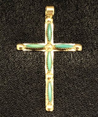 14k Solid Gold Vintage Turquoise Cross Necklace Pendant