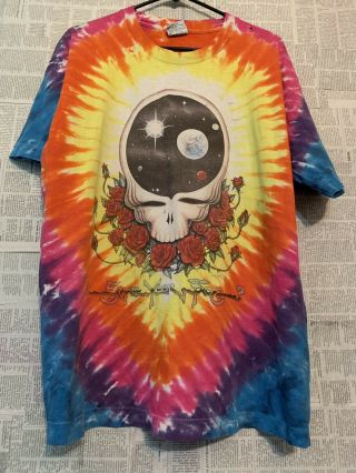 Vtg 90s Grateful Dead Liquid Blue Tie Dye Space Your Face Rock Band T - Shirt