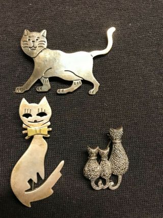 Three Cat Pins Vintage Sterling Silver Taxco Mexico 925.  One With Marcasite