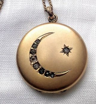 Antique Victorian Gold Filled Crescent Moon & Star Locket W Rhinestones Gf