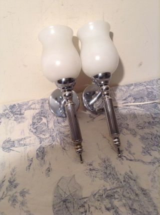 Pair Vintage French Silver Metal Wall Lights,  Sconces - Glass Shades (3878)