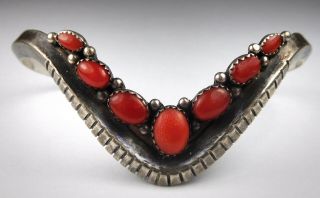 Vintage Bea Tom Navajo Stamped Sterling Silver/ Red Coral V Cuff Bracelet