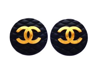 Authentic Vintage Chanel Earrings Quilted Black Round Gold Cc Logo Ea2160
