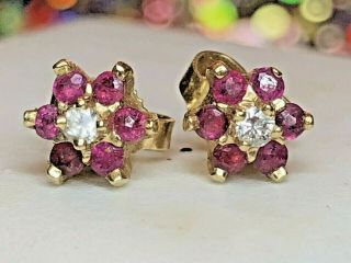 Estate Vintage 14k Yellow Gold Natural Ruby & Diamond Earrings Flower