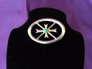 Vintage Navajo Sterling Silver Sand Cast Brooch With Turquoise Center Stone