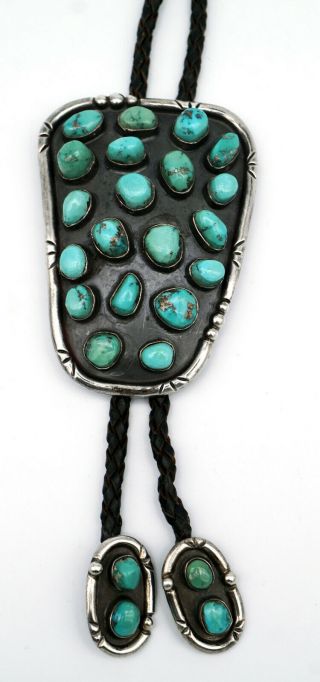 Vintage Navajo Sterling Silver Turquoise Bolo Tie Native American Lrg 3 - 1/2 "