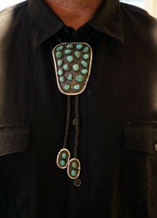 Vintage Navajo Sterling Silver Turquoise Bolo Tie Native American LRG 3 - 1/2 