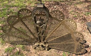 Vintage Fireplace Screen Brass Peacock Cherub Folding Fan 34 Inches High