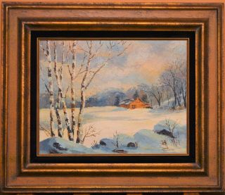Vintage Oil Painting On Board Winter Landscape Signed Framed