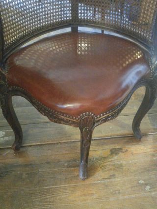 Vintage French Corner Chair Early 1900 ' s Leather Seat Carved Wood 5