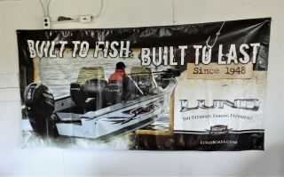 Vintage Lund Boats Vinyl Dealer Banner Sign,  Built To Fish / Last,  8 Ft X 4 Ft