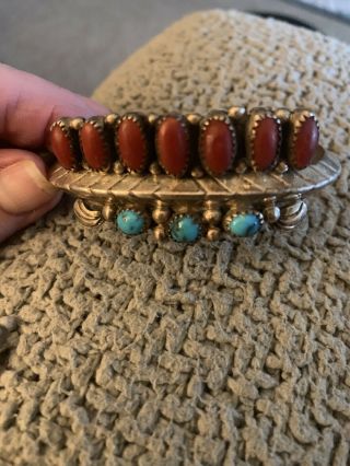 Stunning Vintage Navajo Sterling Silver Cuff Bracelet Mary S Lew Coral Turquoise