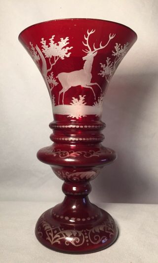 Original/vintage/bohemian Ruby Red/hand Cut Glass Vase/stag Deers & Forest.