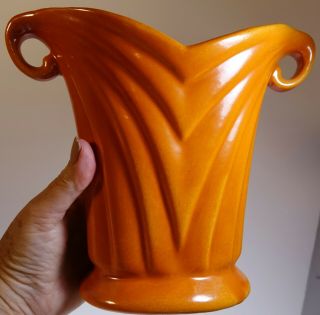 Vintage Orange Art Deco Pottery Vase Rams Horns Abstract Handles Unmarked Camark