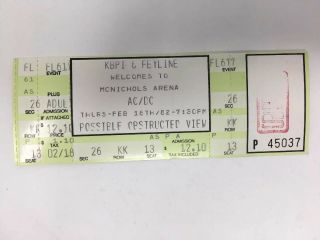 Ac/dc 1982 Concert Ticket Full Intact Denver Mcnichols Arena Vintage