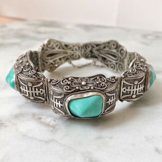 Vintage Chinese Silver Filigree Bracelet With Turquoise Stones