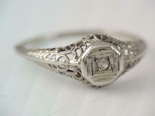 Antique Art Deco Solid 14k White Gold Filigree Diamond Ring $9.  99
