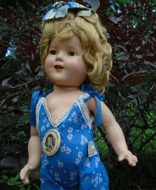Vintage 1930s Ideal 16 " Composition Shirley Temple Doll In Tagged Jumpsuit