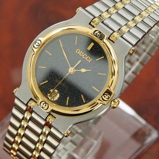 Authentic Gucci 9000m Date Black Dial Gold Plated Combi Quartz Mens Wrist Watch