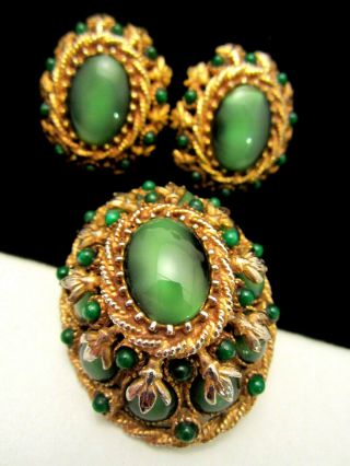 Rare Vintage Signed Har Goldtone Green Glass 2 " Brooch Pin & Earring Set A46