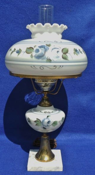 Antique/vtg Hand Painted Blue Roses Floral Gone With The Wind Gwtw Table Lamp