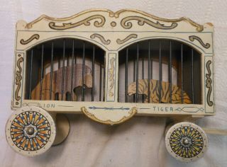 Great Antique Vintage Handmade,  Folk Art Painted Circus Wagon,  Lion & Tiger Toy