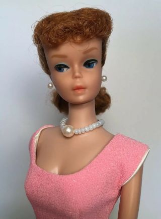 Vintage Titian Ponytail Barbie In Skydoll Dress & Stand