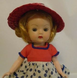 Vintage 1950s 8 " Walker Nasb Muffie Doll Blue Eyed Red Head Polka Dot Dress