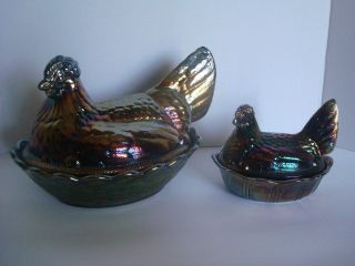 Two Vintage Fenton Purple Carnival Glass Hen On A Basket Dish Large & Small