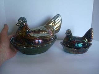 Two Vintage Fenton Purple Carnival Glass Hen on a Basket Dish Large & Small 2