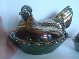 Two Vintage Fenton Purple Carnival Glass Hen on a Basket Dish Large & Small 3