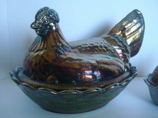 Two Vintage Fenton Purple Carnival Glass Hen on a Basket Dish Large & Small 4