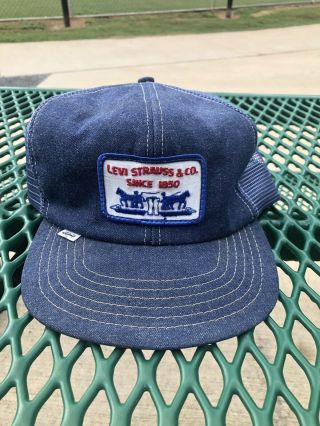 Vintage Levis Snapback Denim & Mesh Trucker Hat - Made In Usa White Tab 70s 80s