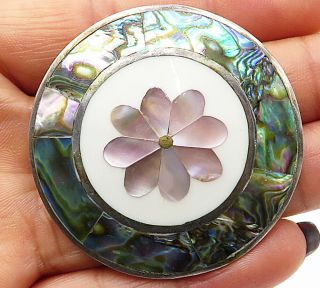 Mexico 925 Silver - Vintage Abalone Shell Pink Flower Round Brooch Pin - Bp2694
