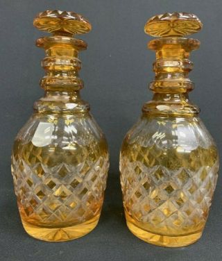 Vintage Set Of 2 Cut - To - Clear Amber Bohemian Decanters