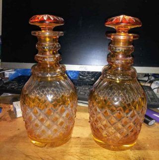 Vintage Set of 2 Cut - to - Clear Amber Bohemian Decanters 4