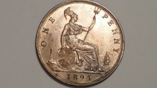 1894 Bun Penny.  Unc.  High Lustre.  Rare Thus.  Victoria.  1860 - 1894.  British.  1893