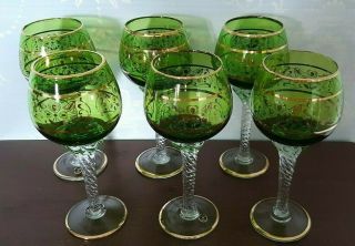 Vintage Murano Italian Green Glass Crystal Wine Goblets Set Of 6