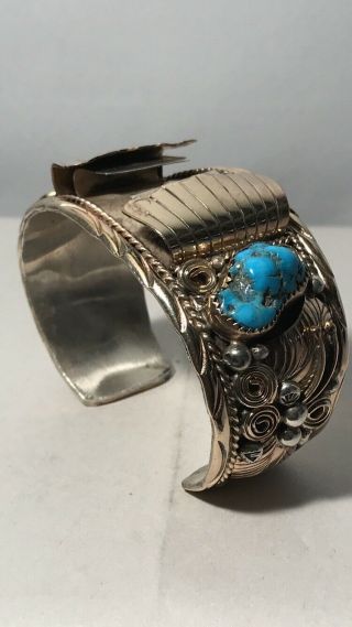 Vintage Navajo Sterling Silver - Gold Filled Turquoise Cuff Bracelet Watch Band