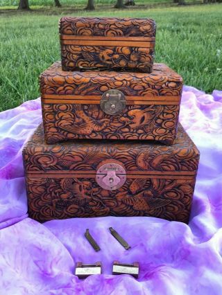 Chinese Vintage Hand Carved Hinged Wooden Box Dragons With 2 Chinese Locks