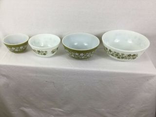 Vintage Pyrex Set Of 4 Green Spring Blossom Crazy Daisy Mixing Nesting Bowls
