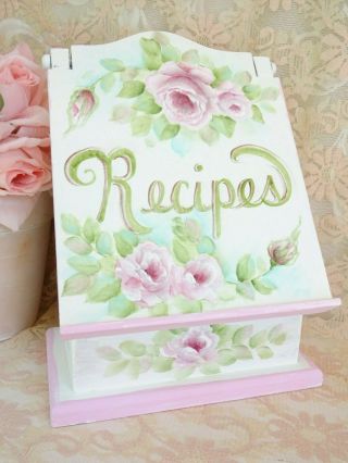 Bydas Pink Rose Recipe Box Stand Hp Hand Painted Chic Shabby Vintage Cottage Art