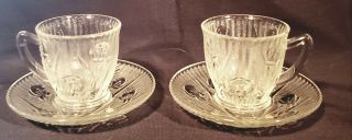 2 Vintage Iris & Herringbone Rare Clear Demitasse Cups & Saucers