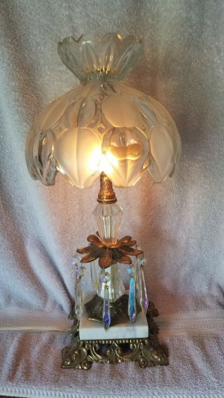 Vintage Brass Lamp Cut Glass Crystal Table Lamp W Prisms Marble Base